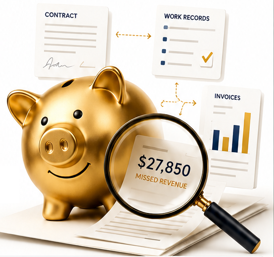 Gold piggy bank, contracts, work records and invoice comparison — EarnedRight visual concept
